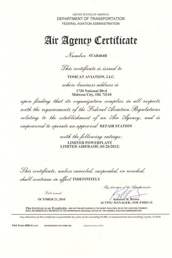 FAA Certificate, Tomcat Aviation LLC
