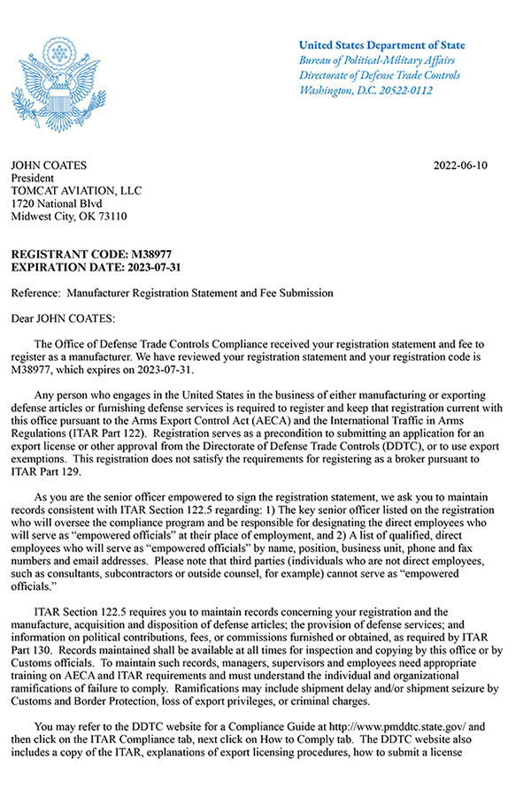 Tomcat Aviation LLC US State Department Manufacturer Registration